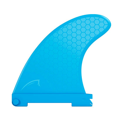 Blue surfboard fin with a honeycomb texture and a base for attachment