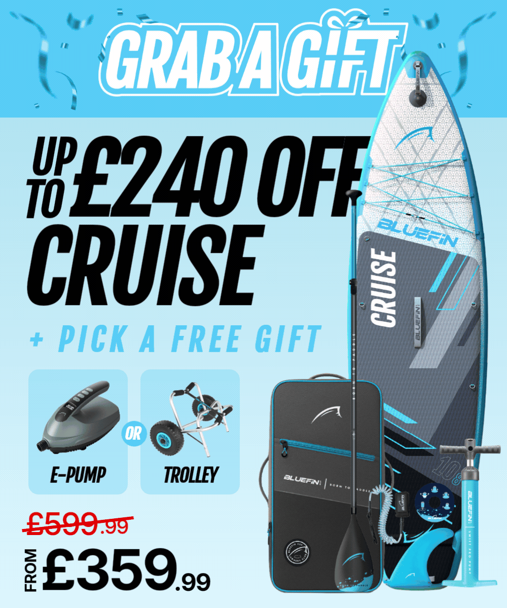 Inflatable paddleboard with blue and gray design, paddle, e-pump, and trolley option displayed.