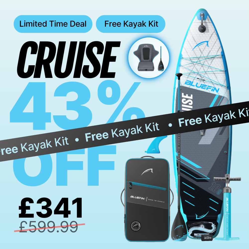 Bluefin SUP promotional image featuring the Cruise paddleboard, 43% off, and a free kayak kit offer.