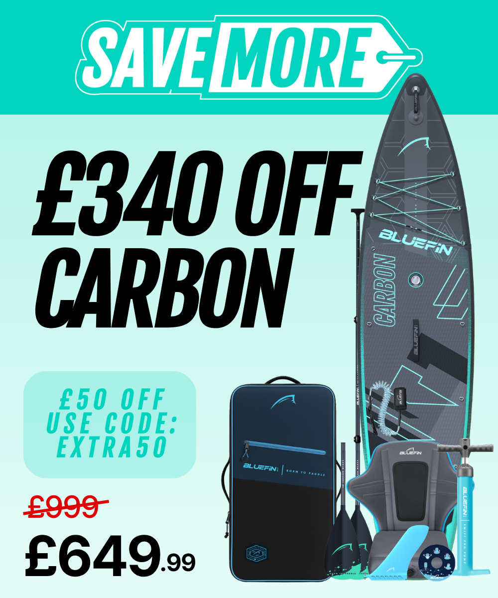 Inflatable paddleboard with carbon design, paddle, pump, and carry bag, showing £340 off sale price