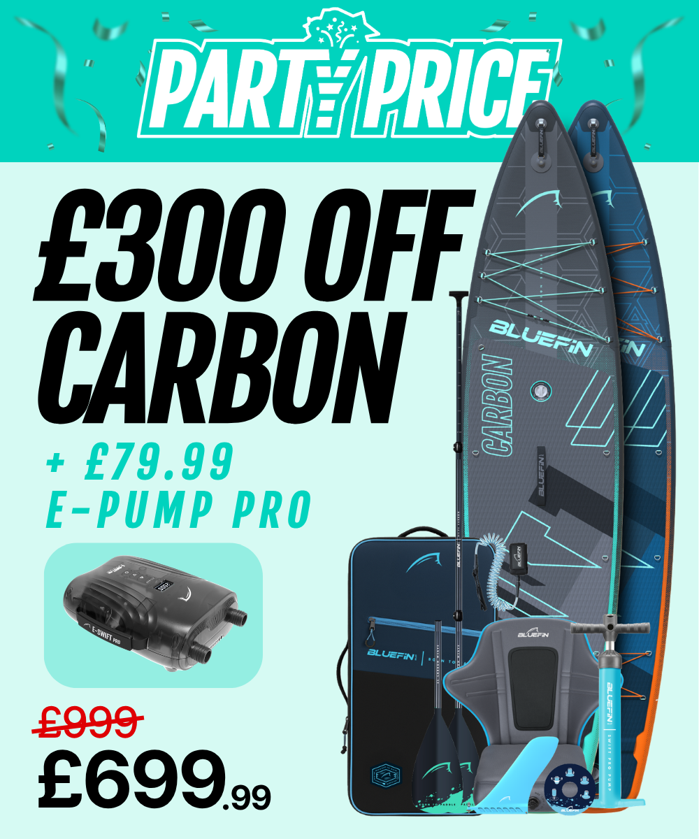 Inflatable paddleboard set with carbon design, e-pump, paddle, and carrying bag, priced at £699.99
