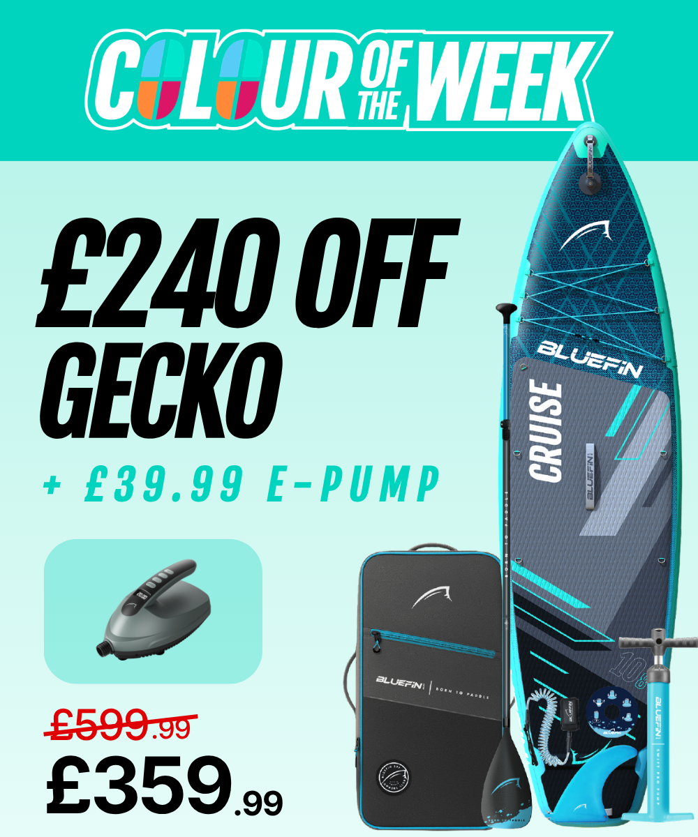 Inflatable paddleboard with blue and gray design, e-pump, and carrying bag, marked £240 off.