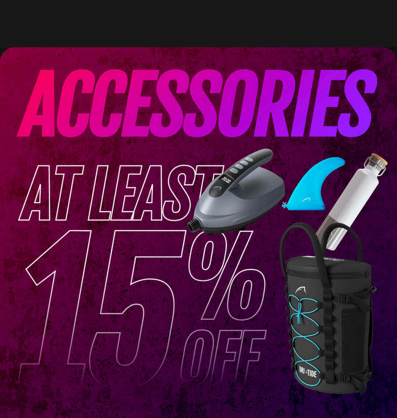 Various accessories including a pump, fin, water bottle, and dry bag with sale text