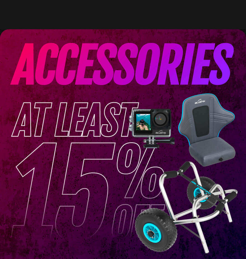 GoPro camera, gray seat, and cart with large wheels on a gradient background with sale text