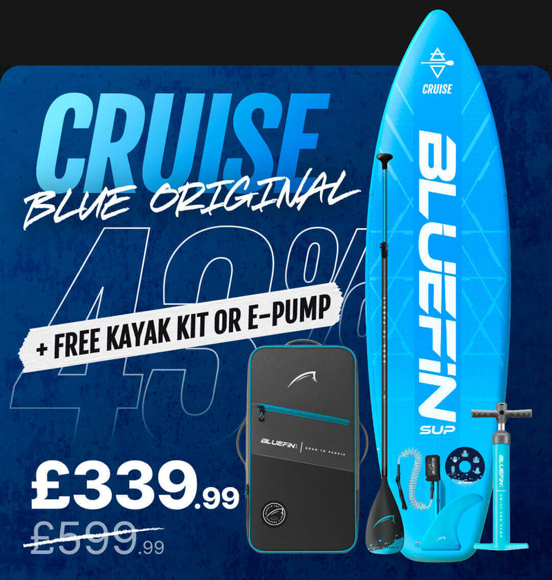 Inflatable paddleboard in blue with paddle, pump, and carrying bag, showing 43% off price.