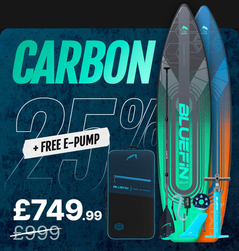 Inflatable Bluefin SUP paddleboard with a textured deck, center fin, and included e-pump.