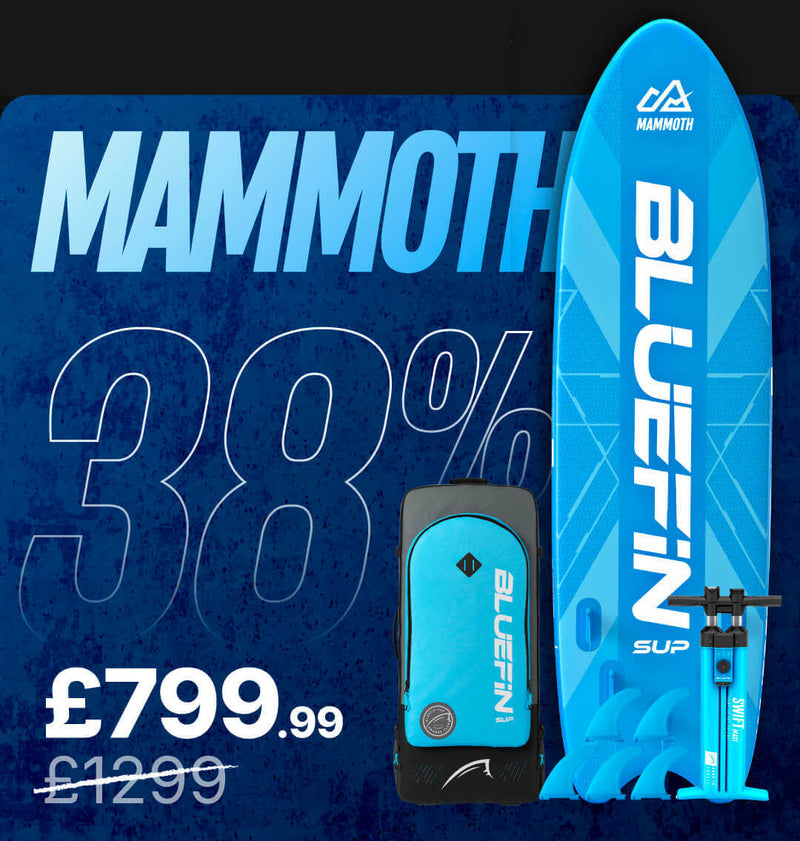 Bluefin SUP paddleboard in blue with a backpack and pump, showing a 38% discount.