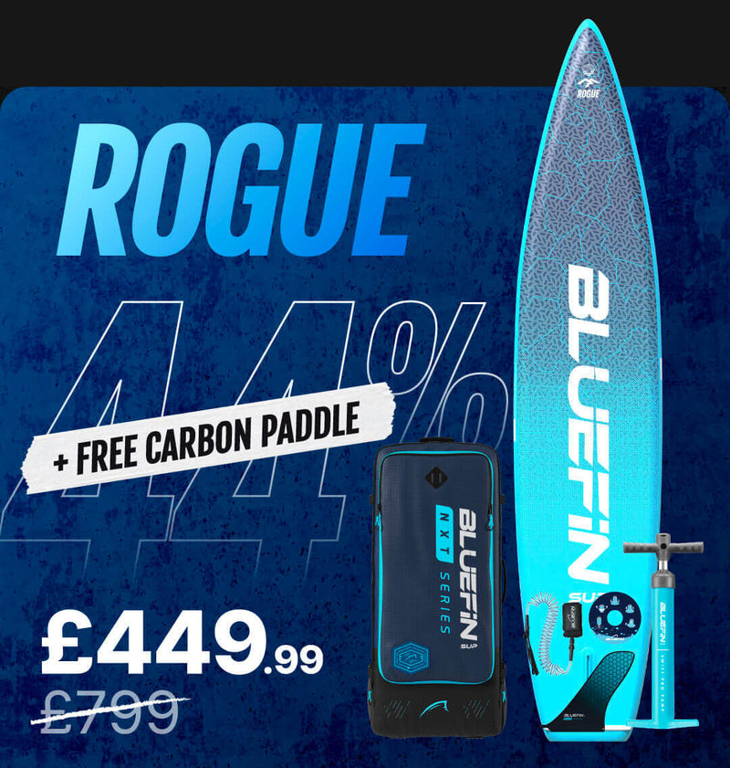 Inflatable paddleboard with blue design, carrying bag, pump, and promotional price of £449.99