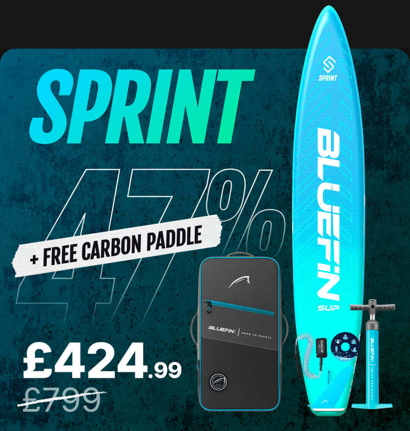 Inflatable paddleboard with blue design, carrying case, pump, and text showing 47% off.