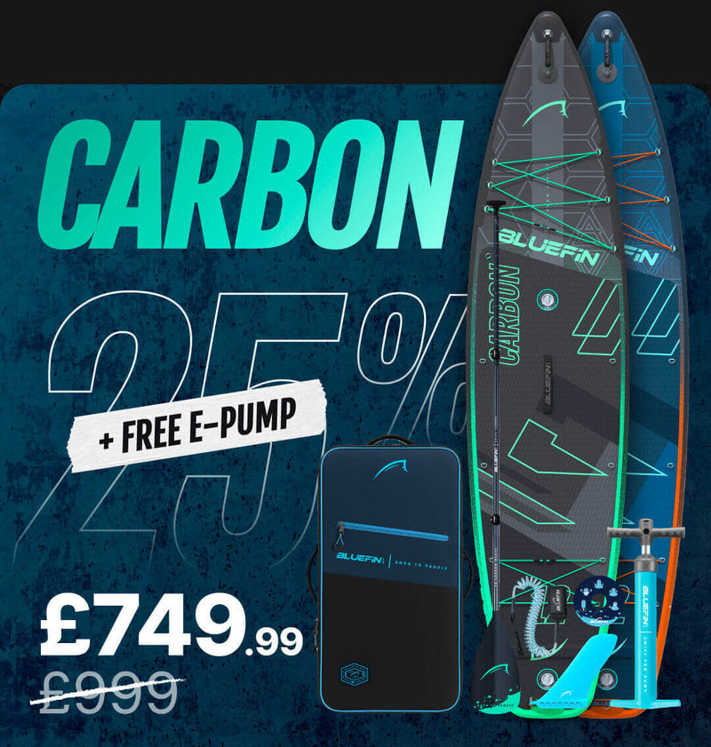 Two inflatable paddleboards with a carry bag, pump, and price details, featuring a carbon design.