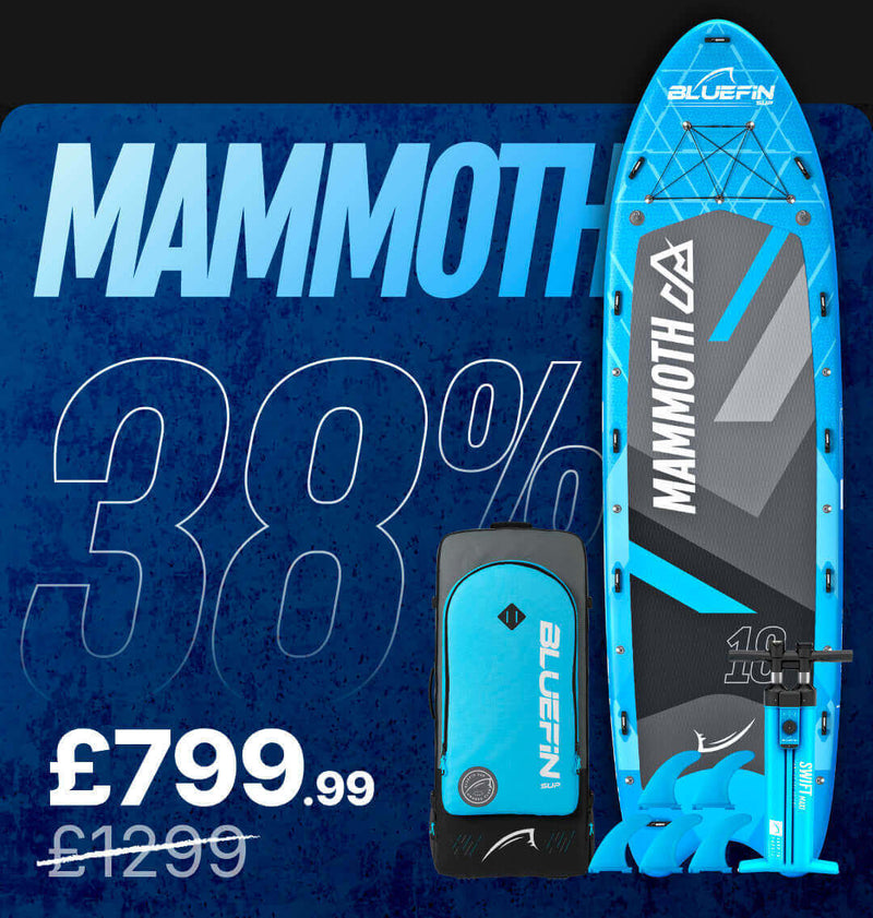 Inflatable paddleboard with blue design, carrying bag, and price details showing 38% off.