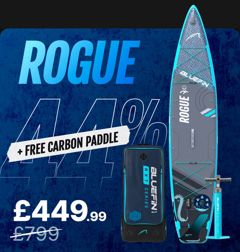 Inflatable paddleboard with textured surface, center fin, and included carbon paddle in a carrying bag