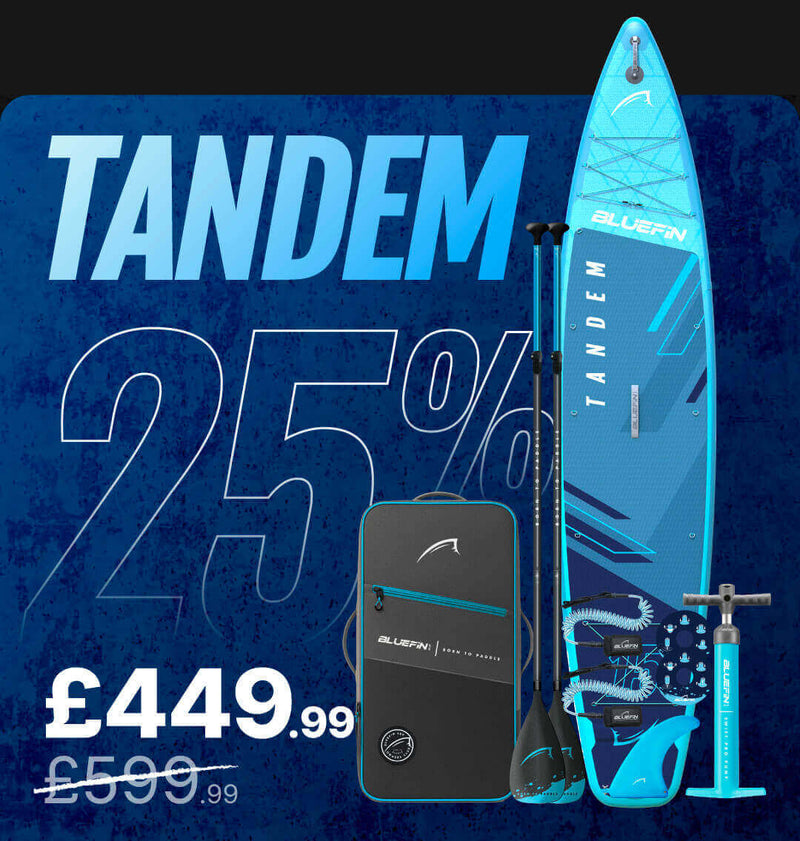 Inflatable tandem paddleboard in blue with two paddles, pump, and carrying bag, priced at £449.99