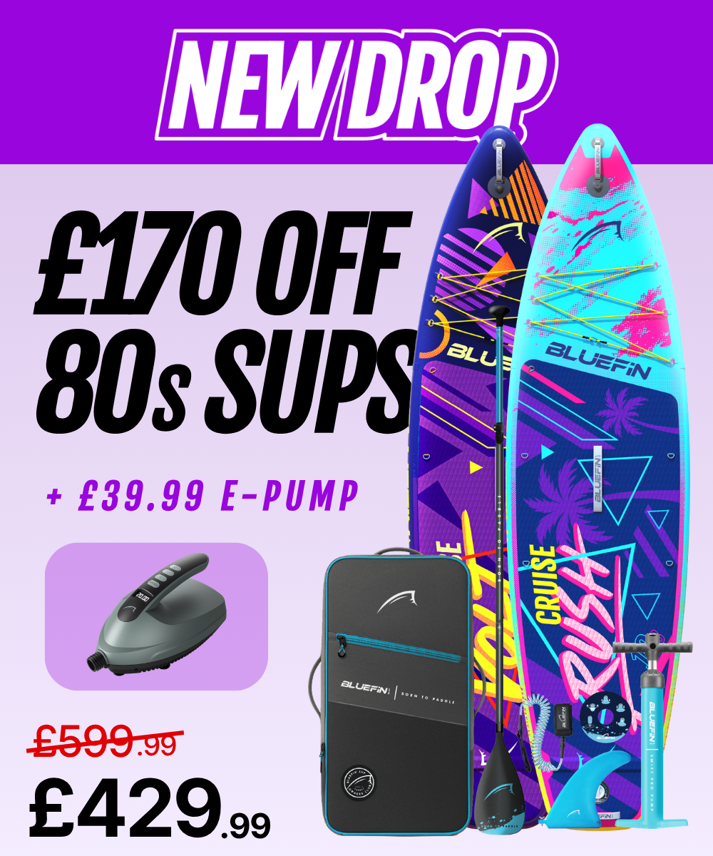 Two colorful inflatable paddleboards with a pump, paddle, and carrying bag, showcasing a £170 discount.