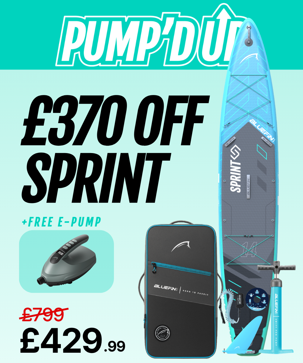 Inflatable paddleboard with blue and gray design, e-pump, and carrying case, marked £429.99