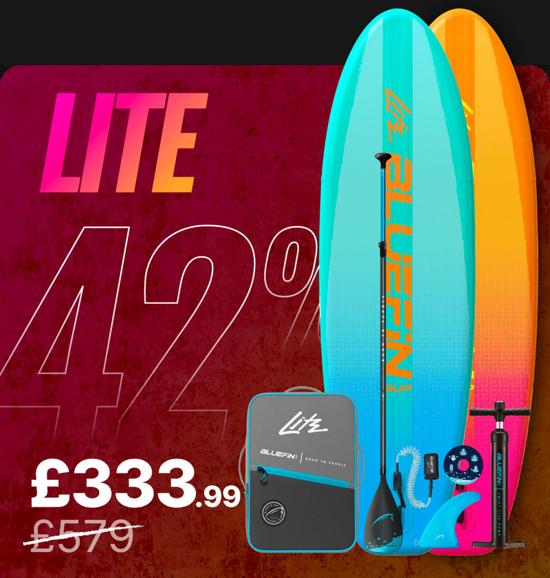 Inflatable paddleboard in blue and orange with paddle, pump, and carrying bag, showing 42% discount.
