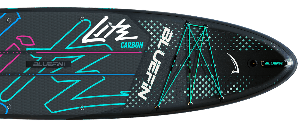 Inflatable paddleboard with colorful graphics, center fin, and bungee storage system on top