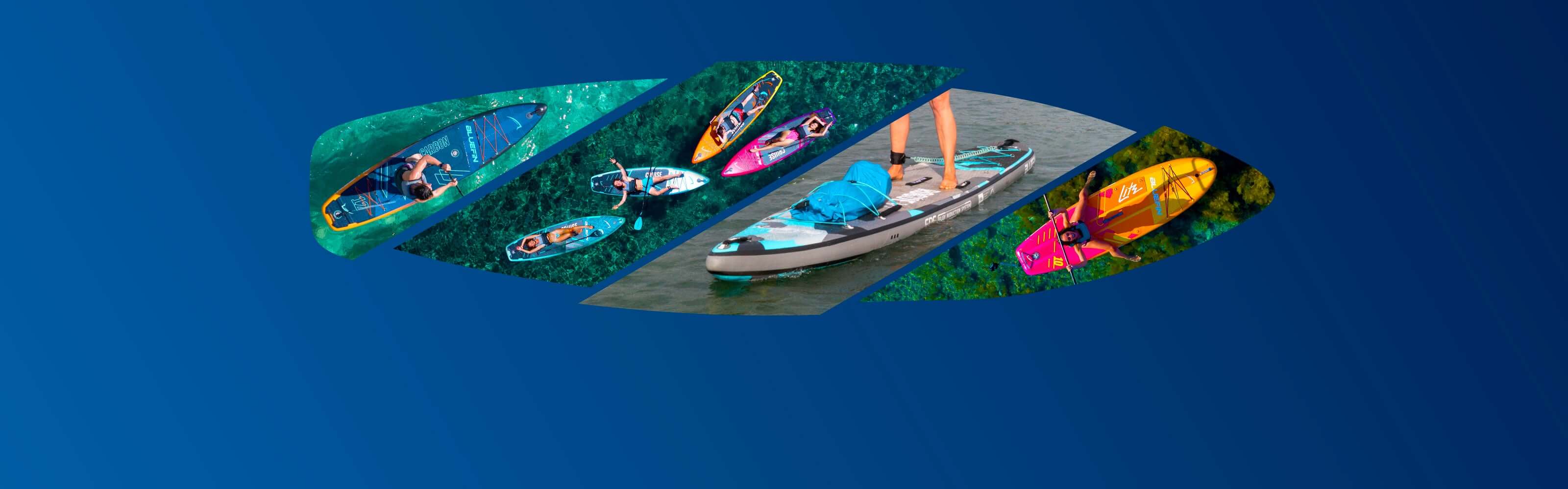 Collage of paddleboards in various colors on water, showcasing different styles and activities.