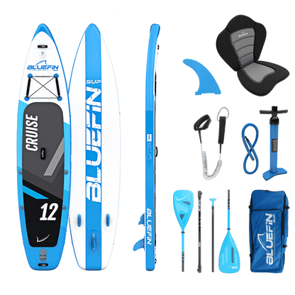 Inflatable paddleboard with blue and white design, paddle, fin, pump, and carry bag included.