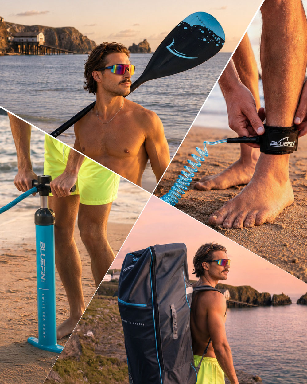 Man in sunglasses holding a paddle, using a pump, and wearing a leash on the beach at sunset.