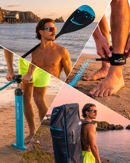 Man in sunglasses holding a paddle, using a pump, and wearing a leash on the beach at sunset.