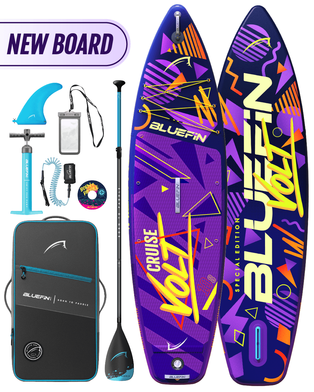 Inflatable paddleboard with vibrant graphics, paddle, fin, pump, and carrying bag for travel.