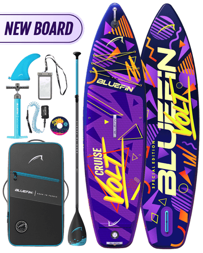 Inflatable paddleboard with vibrant graphics, paddle, fin, pump, and carrying bag for travel.