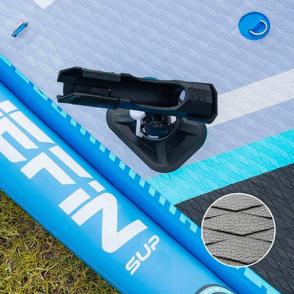 Close-up of Bluefin SUP with mount and textured grip detail. Features durable construction and design elements.