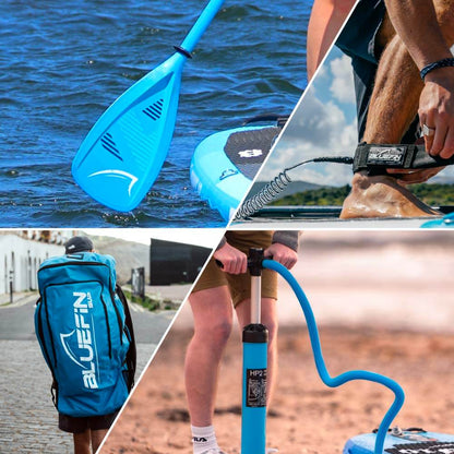 Bluefin SUP paddle, bag, leash, and pump on water and land. Essential accessories for paddleboarding.