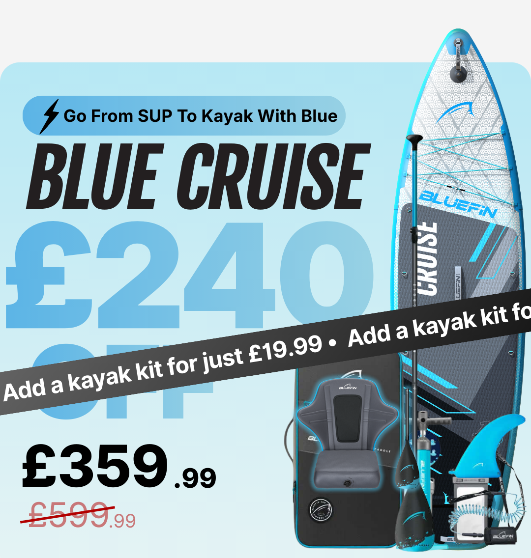 Inflatable paddleboard with blue and gray design, kayak kit, and price details displayed.