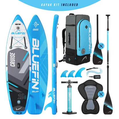 Inflatable paddleboard kit with blue design, paddle, pump, backpack, and kayak seat included.