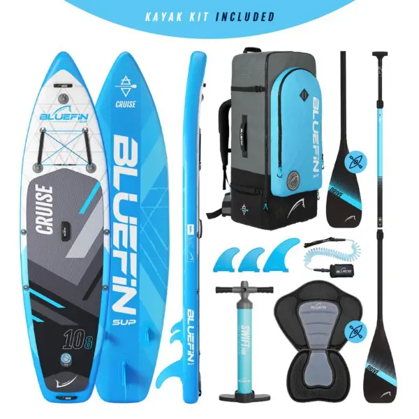 Inflatable paddleboard kit with blue design, paddle, pump, backpack, and kayak seat included.