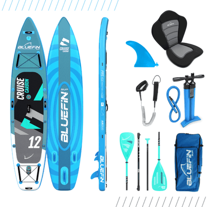 Inflatable paddleboard with blue and black design, paddle, fin, pump, seat, and carrying bag.