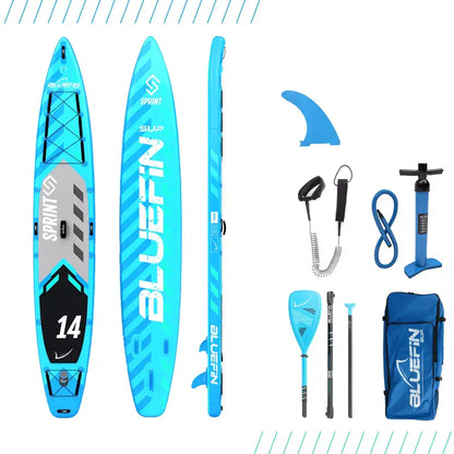 Bluefin SUP Sprint paddle board with accessories like a paddle, fin, leash, pump, and carrying bag.